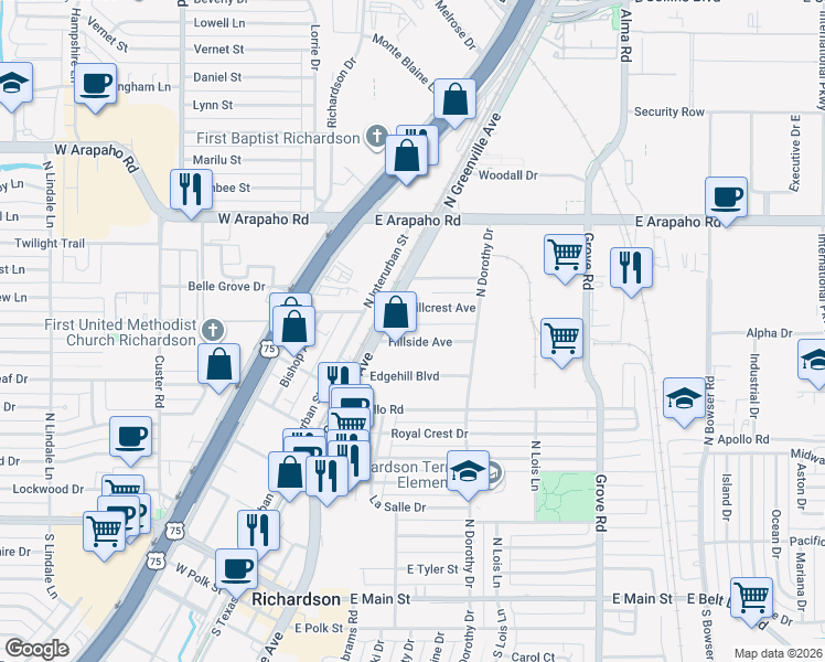 map of restaurants, bars, coffee shops, grocery stores, and more near 306 Hillside Avenue in Richardson