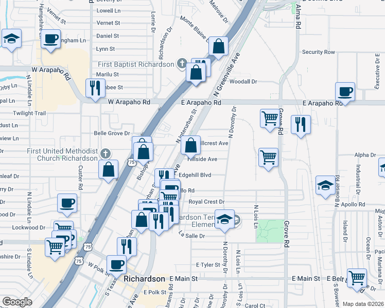map of restaurants, bars, coffee shops, grocery stores, and more near 306 Hillside Avenue in Richardson