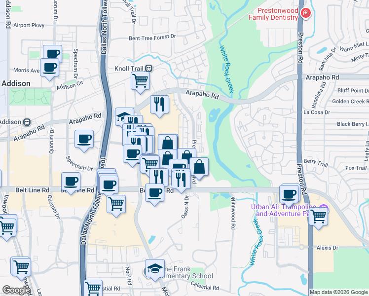 map of restaurants, bars, coffee shops, grocery stores, and more near 5515 Estancia Circle in Dallas
