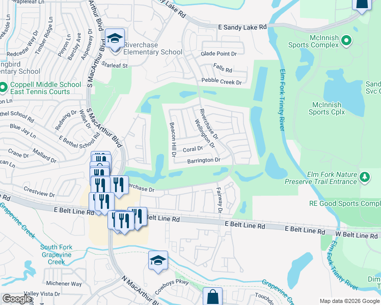 map of restaurants, bars, coffee shops, grocery stores, and more near 1330 Barrington Drive in Coppell