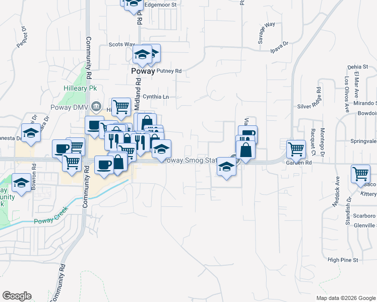 map of restaurants, bars, coffee shops, grocery stores, and more near 13830 Poway Road in Poway