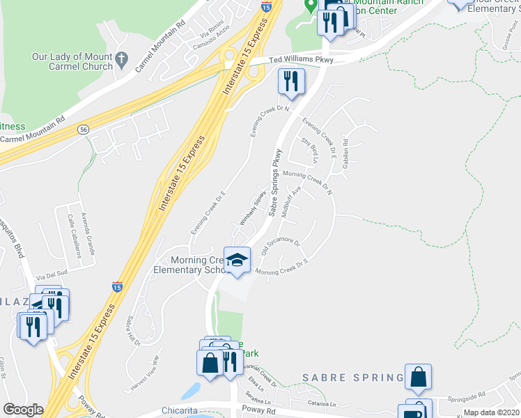 map of restaurants, bars, coffee shops, grocery stores, and more near 13175 Wimberly Square in San Diego