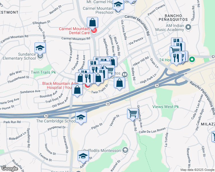map of restaurants, bars, coffee shops, grocery stores, and more near 9428 Twin Trails Drive in San Diego