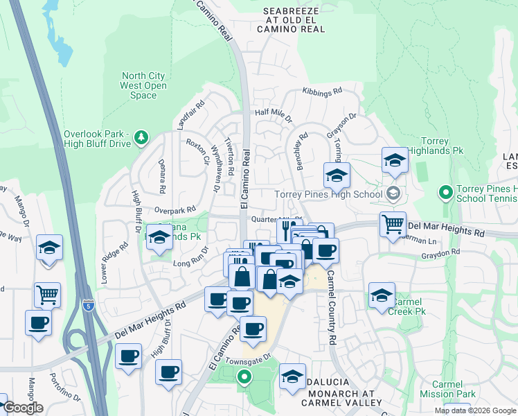 map of restaurants, bars, coffee shops, grocery stores, and more near 13097 El Camino Real in San Diego