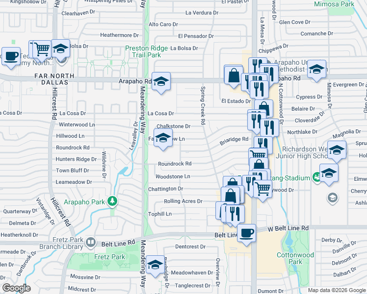 map of restaurants, bars, coffee shops, grocery stores, and more near 7708 Briaridge Road in Dallas