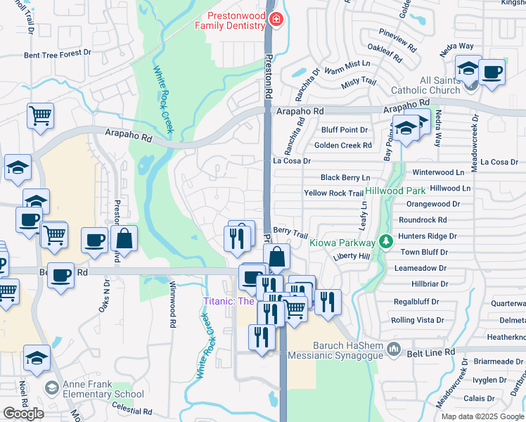 map of restaurants, bars, coffee shops, grocery stores, and more near 15249 Preston Road in Dallas