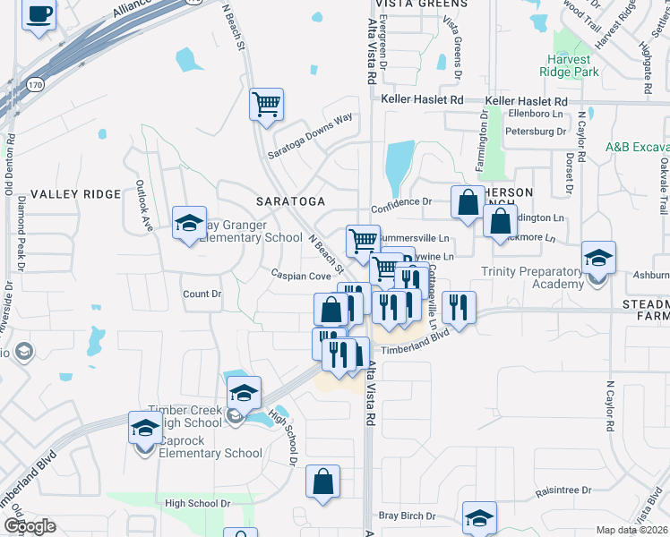 map of restaurants, bars, coffee shops, grocery stores, and more near 3544 Caspian Cove in Fort Worth