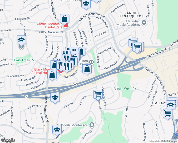 map of restaurants, bars, coffee shops, grocery stores, and more near 9479 Fairgrove Lane in San Diego