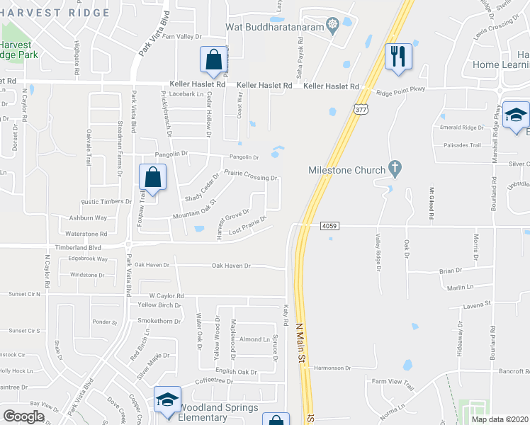 map of restaurants, bars, coffee shops, grocery stores, and more near 12677 Lost Prairie Drive in Keller