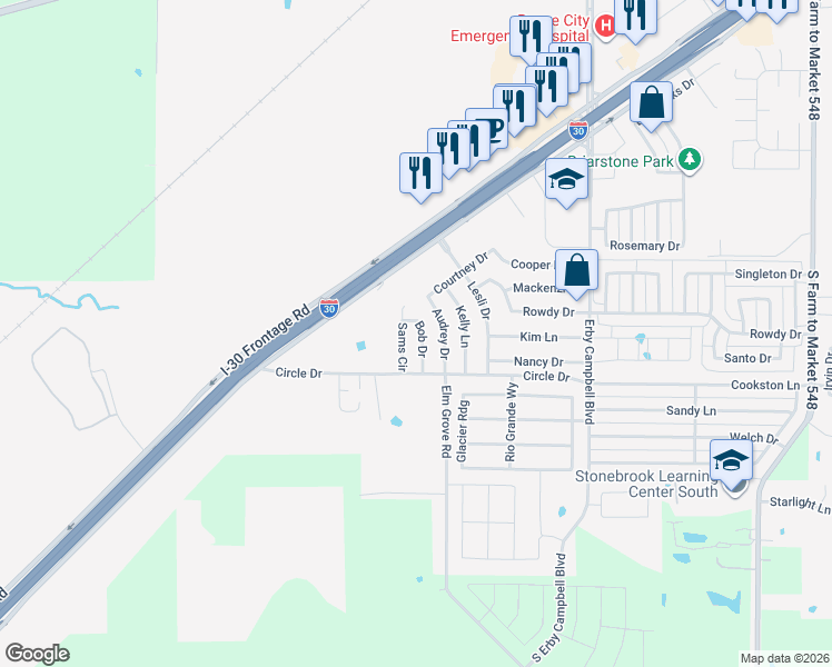 map of restaurants, bars, coffee shops, grocery stores, and more near 1621 Sams Circle in Royse City