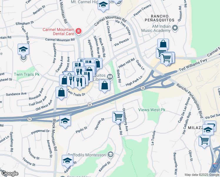 map of restaurants, bars, coffee shops, grocery stores, and more near 9489 Fairgrove Lane in San Diego