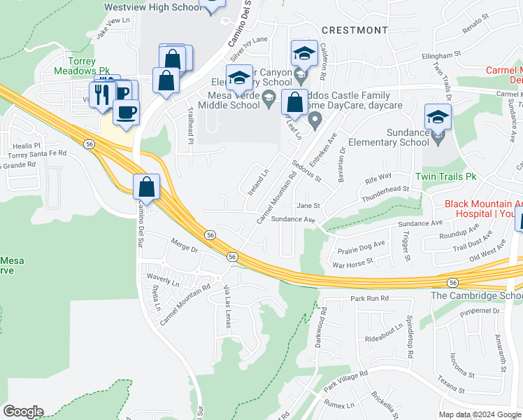 map of restaurants, bars, coffee shops, grocery stores, and more near 13103 Russet Leaf Lane in San Diego