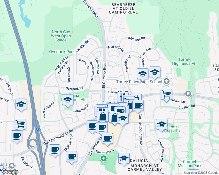 map of restaurants, bars, coffee shops, grocery stores, and more near 13097 El Camino Real in San Diego