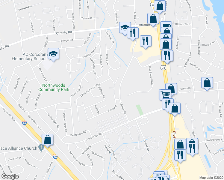 map of restaurants, bars, coffee shops, grocery stores, and more near 8207 Ronda Drive in Charleston
