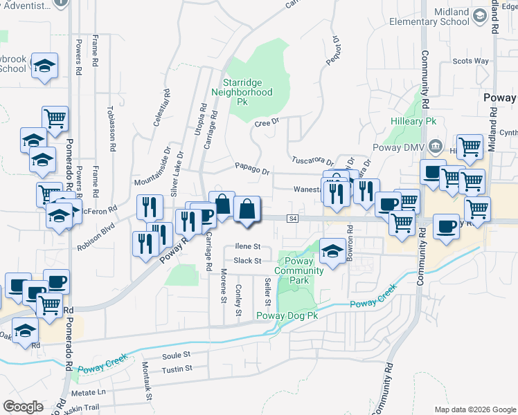 map of restaurants, bars, coffee shops, grocery stores, and more near 12878 Carriage Heights Way in Poway