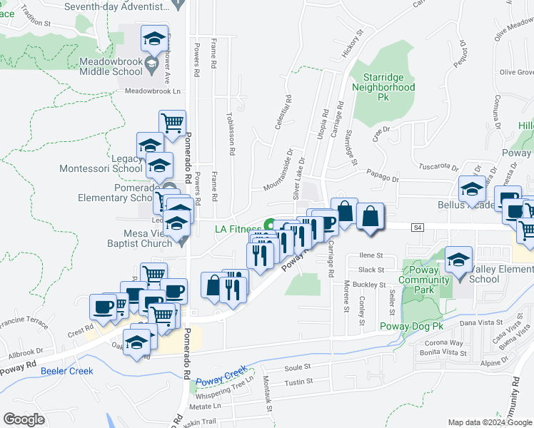 map of restaurants, bars, coffee shops, grocery stores, and more near 12610 Robison Boulevard in Poway