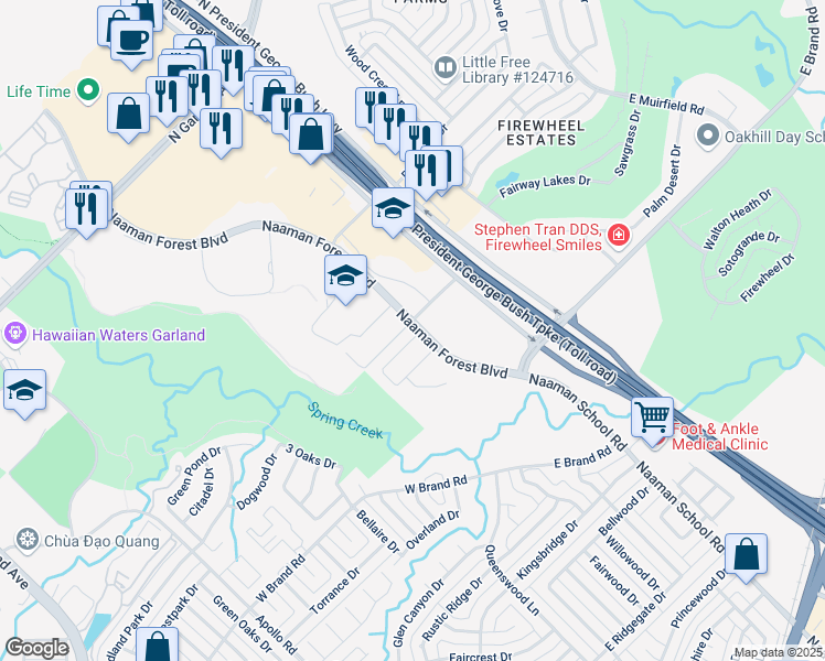 map of restaurants, bars, coffee shops, grocery stores, and more near 703 Cedar Cove Drive in Garland