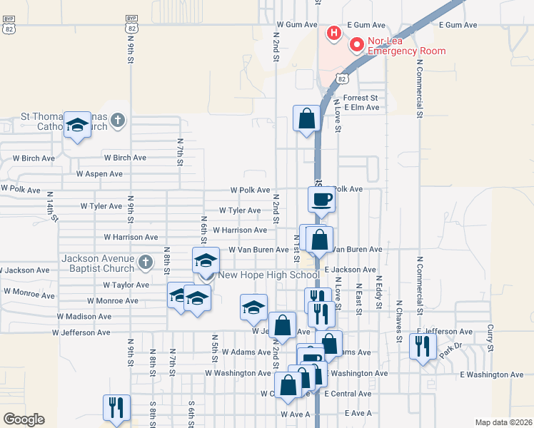 map of restaurants, bars, coffee shops, grocery stores, and more near 204 W Harrison Ave in Lovington