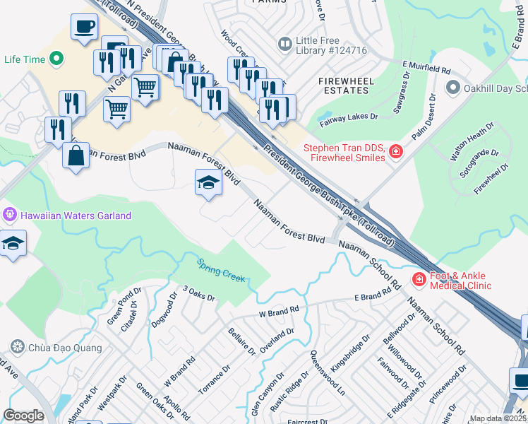 map of restaurants, bars, coffee shops, grocery stores, and more near 703 Cedar Cove Drive in Garland