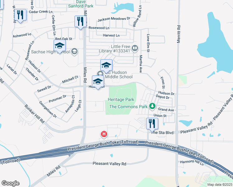 map of restaurants, bars, coffee shops, grocery stores, and more near 4408 Hudson Drive in Sachse