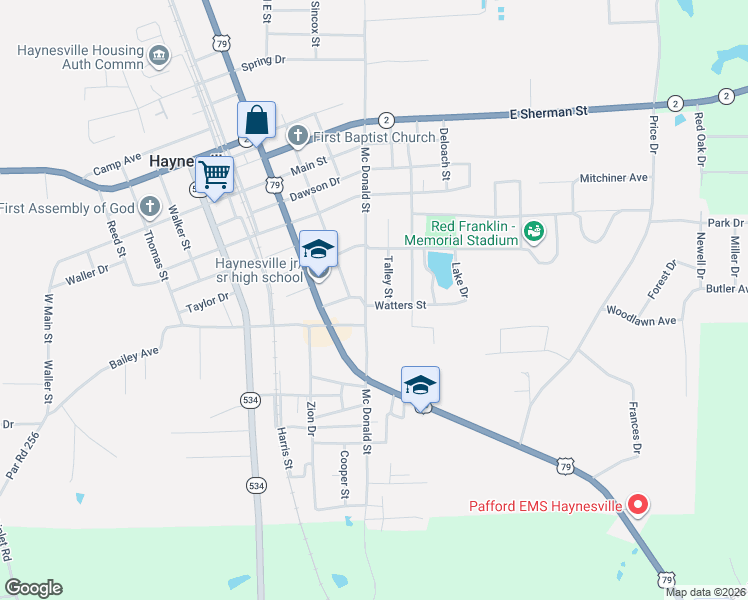 map of restaurants, bars, coffee shops, grocery stores, and more near 929 Mc Donald Street in Haynesville