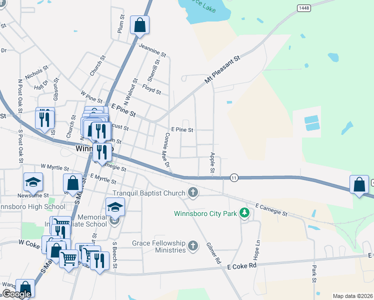 map of restaurants, bars, coffee shops, grocery stores, and more near 301 Lincoln Street in Winnsboro