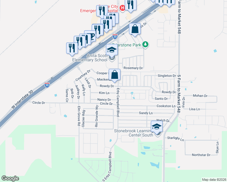 map of restaurants, bars, coffee shops, grocery stores, and more near 720 Nancy Drive in Royse City
