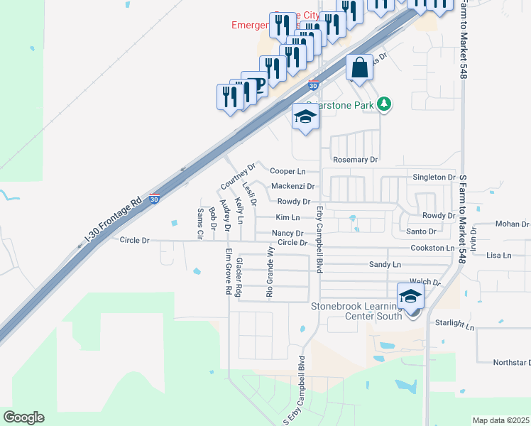 map of restaurants, bars, coffee shops, grocery stores, and more near 904 Kim Lane in Royse City