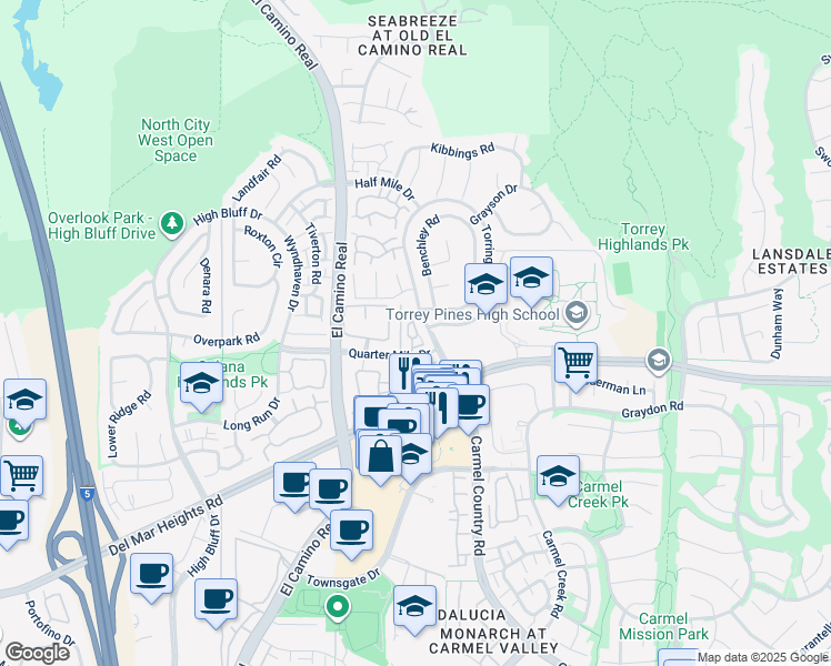 map of restaurants, bars, coffee shops, grocery stores, and more near 3856 Quarter Mile Drive in San Diego
