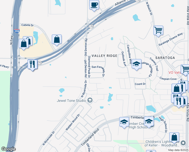 map of restaurants, bars, coffee shops, grocery stores, and more near 3005 Misty Pines Drive in Fort Worth