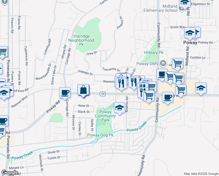 map of restaurants, bars, coffee shops, grocery stores, and more near 13052 Poway Road in Poway