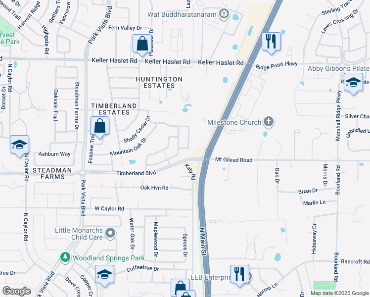 map of restaurants, bars, coffee shops, grocery stores, and more near 4708 Slide Road in Keller