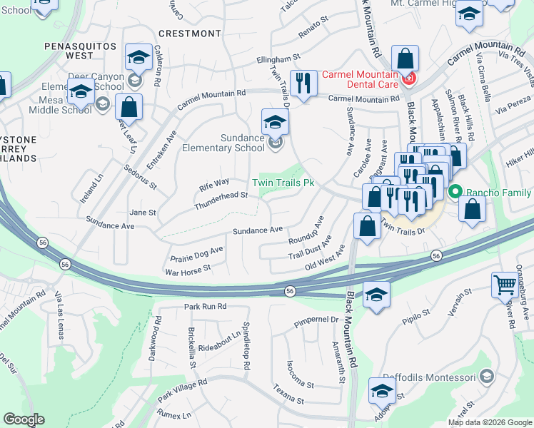map of restaurants, bars, coffee shops, grocery stores, and more near 13146 Thunderhead Street in San Diego