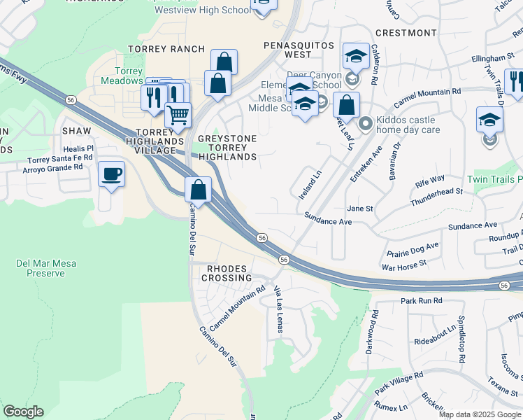 map of restaurants, bars, coffee shops, grocery stores, and more near 12470 Sundance Avenue in San Diego