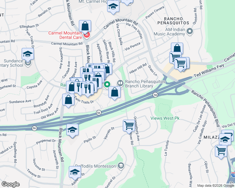 map of restaurants, bars, coffee shops, grocery stores, and more near 9440 Fairgrove Lane in San Diego