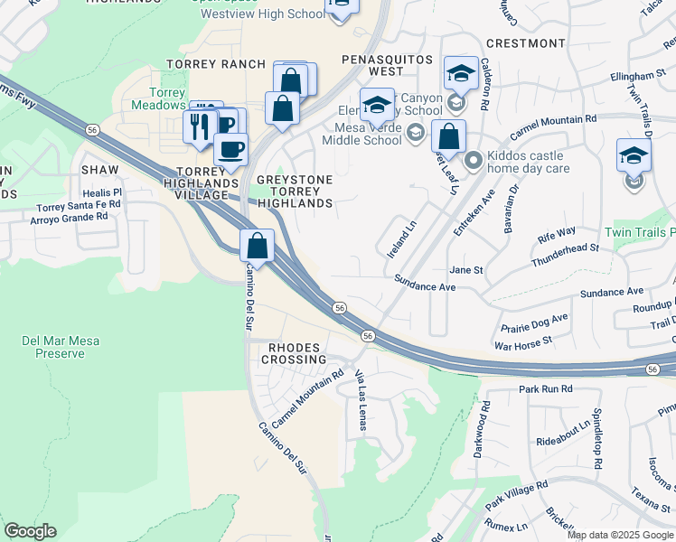 map of restaurants, bars, coffee shops, grocery stores, and more near 12470 Sundance Avenue in San Diego