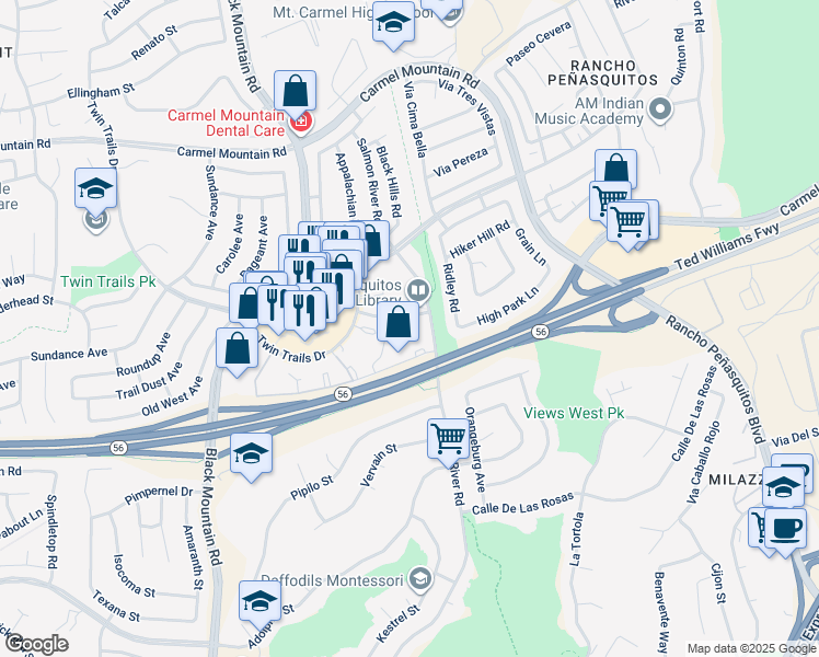 map of restaurants, bars, coffee shops, grocery stores, and more near 9440 Fairgrove Lane in San Diego