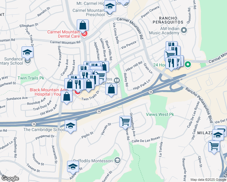 map of restaurants, bars, coffee shops, grocery stores, and more near 9440 Fairgrove Lane in San Diego