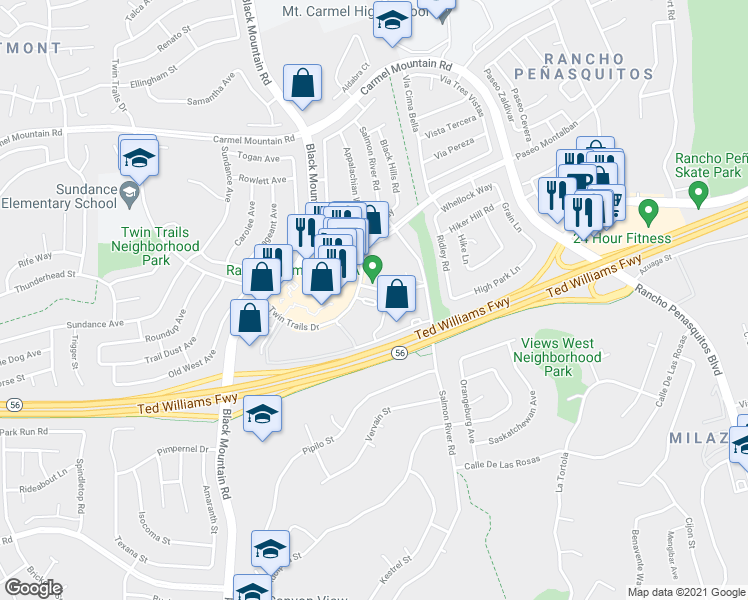 map of restaurants, bars, coffee shops, grocery stores, and more near 9440 Fairgrove Lane in San Diego