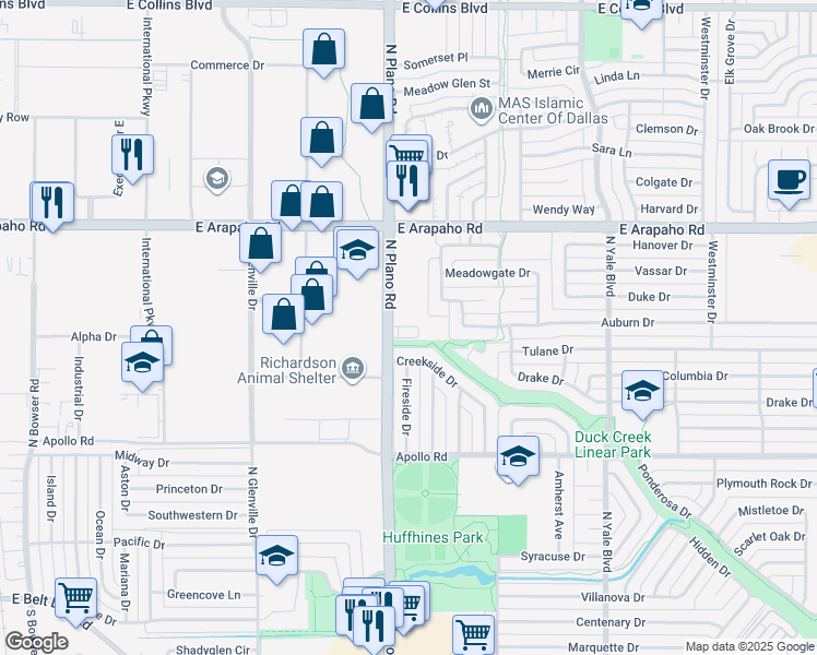 map of restaurants, bars, coffee shops, grocery stores, and more near 750 North Plano Road in Richardson