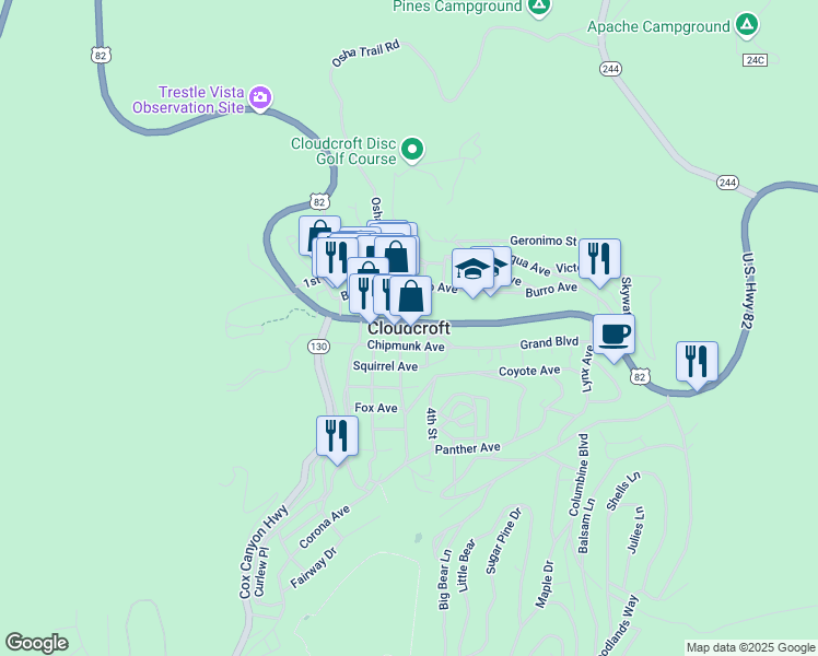 map of restaurants, bars, coffee shops, grocery stores, and more near in Cloudcroft