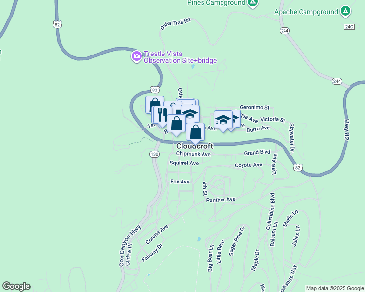map of restaurants, bars, coffee shops, grocery stores, and more near 109 James Canyon Highway in Cloudcroft