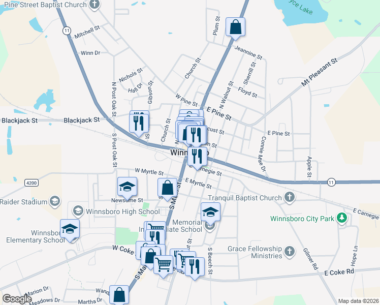 map of restaurants, bars, coffee shops, grocery stores, and more near in Winnsboro