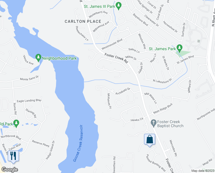 map of restaurants, bars, coffee shops, grocery stores, and more near 302 Archibald Drive in Goose Creek