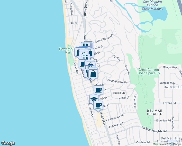 map of restaurants, bars, coffee shops, grocery stores, and more near 1237 Camino Del Mar in Del Mar
