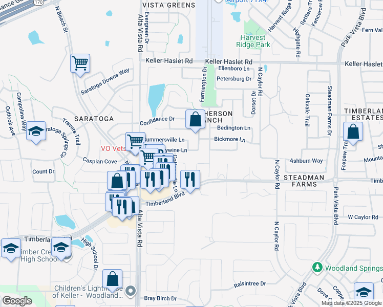map of restaurants, bars, coffee shops, grocery stores, and more near 12713 Hannahsville Lane in Fort Worth