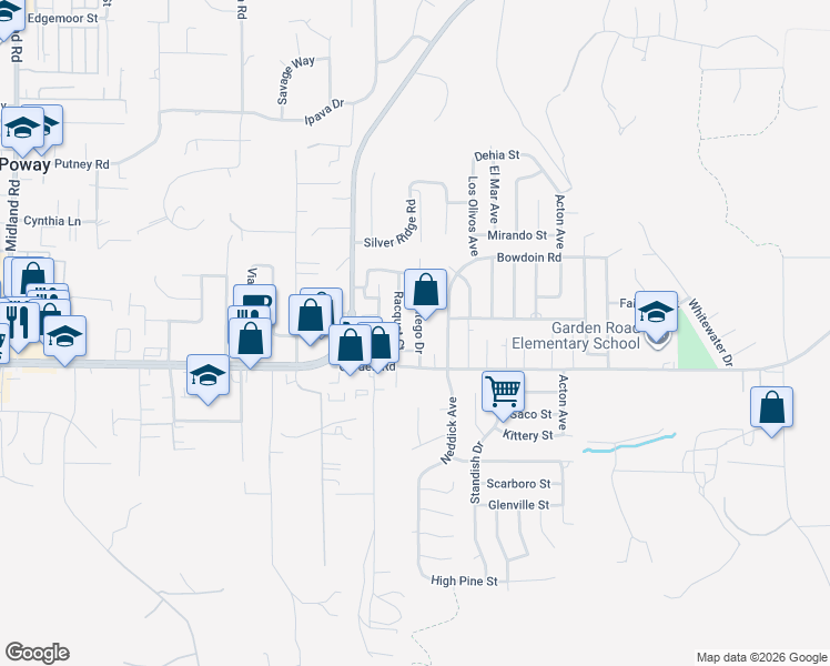 map of restaurants, bars, coffee shops, grocery stores, and more near 13340 Montego Drive in Poway