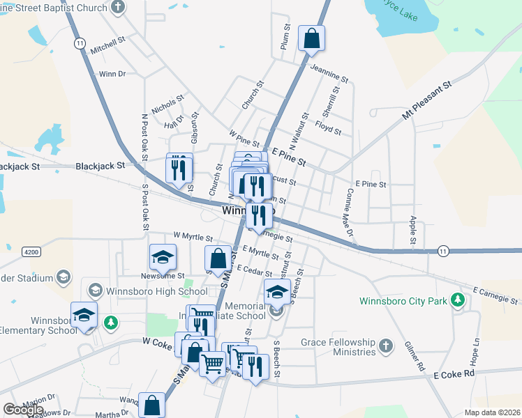 map of restaurants, bars, coffee shops, grocery stores, and more near 204 Market Street in Winnsboro