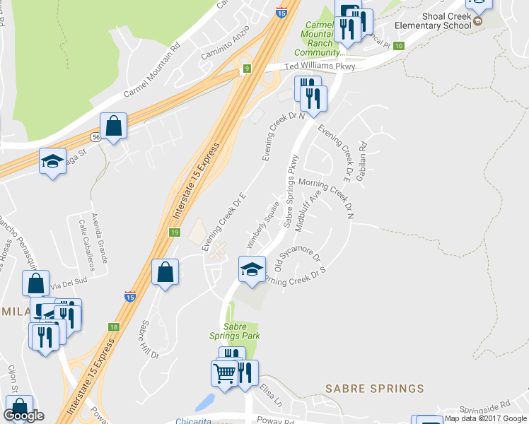 map of restaurants, bars, coffee shops, grocery stores, and more near 13238 Wimberly Square in San Diego