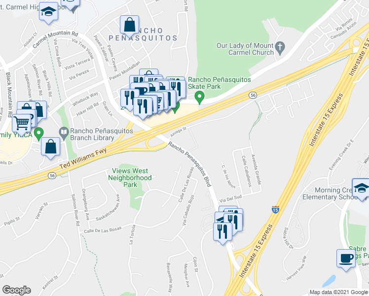 map of restaurants, bars, coffee shops, grocery stores, and more near 9939 Azuaga Street in San Diego